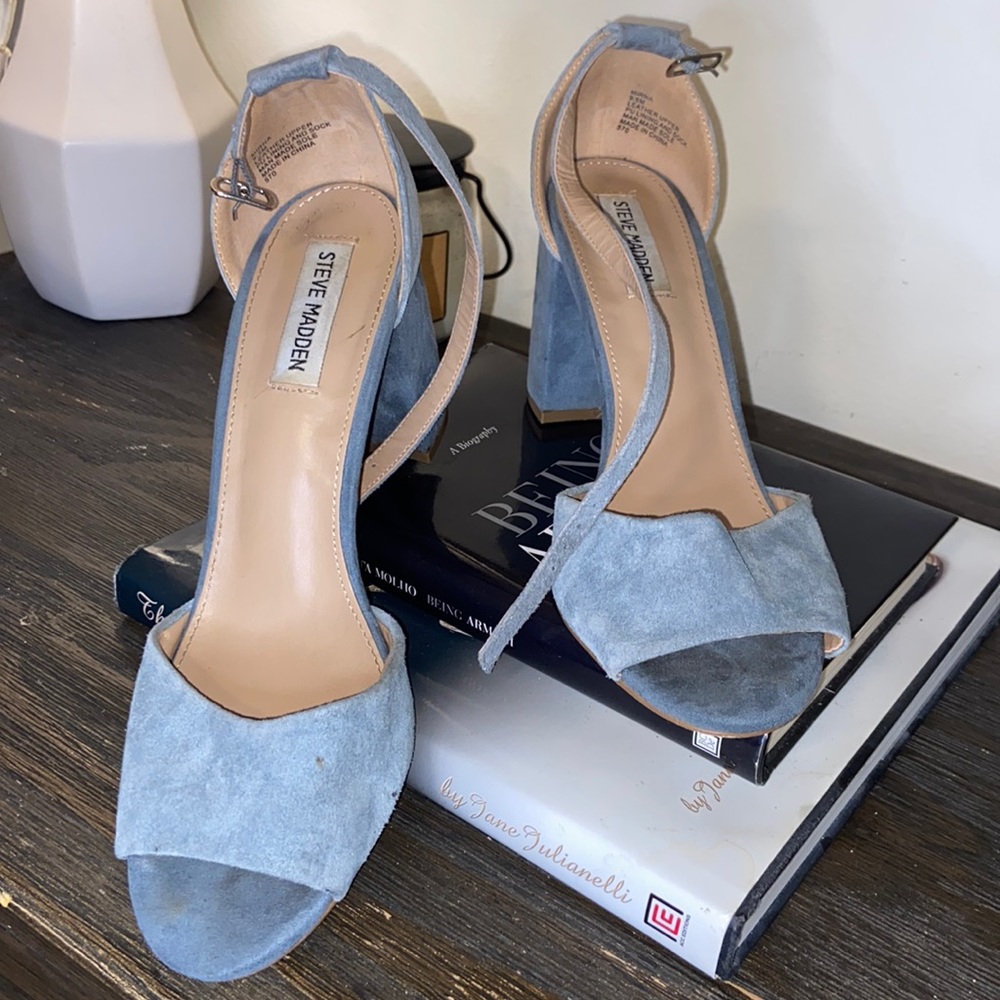 9.5 Steve Madden Mirna Light Blue Ankle Strap Open Toe Block Heeled Sandal